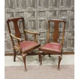 SET OF EIGHT MAHOGANY DINING CHAIRS OF QUEEN ANNE DESIGN the high back with scroll moulded top rail,