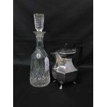 WATERFORD CRYSTAL DECANTER WITH STOPPER along with glasses and a silver plated four piece tea
