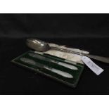 SET OF SIX SILVER COFFEE SPOONS IN A FITTED CASE along with a pair of plated and mother of pearl