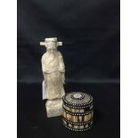 FIVE VARIOUS SOAPSTONE AND IVORINE FIGURES along with a porcupine needle box (6)