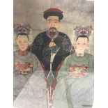 CHINESE SCHOOL, FAMILY PORTRAIT, MANDARIN AND HIS TWO WIVES print on silk Mounted,