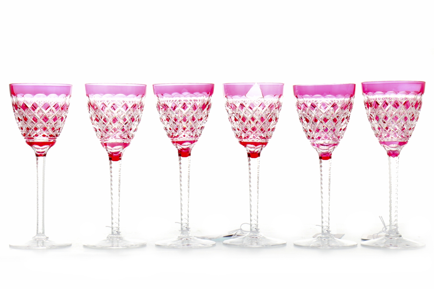 SET OF SIX CRANBERRY FLASHED WINE GLASSES each with diamond cut and faceted, flared bowl, - Image 2 of 2