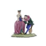 ROYAL DUX FIGURE GROUP OF PIERROT AND A LADY the jester holding a lute and bowing to kiss the