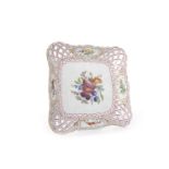 19TH CENTURY MEISSEN SQUARE DISH centre handpainted with fruits, lattice border with floral panels,