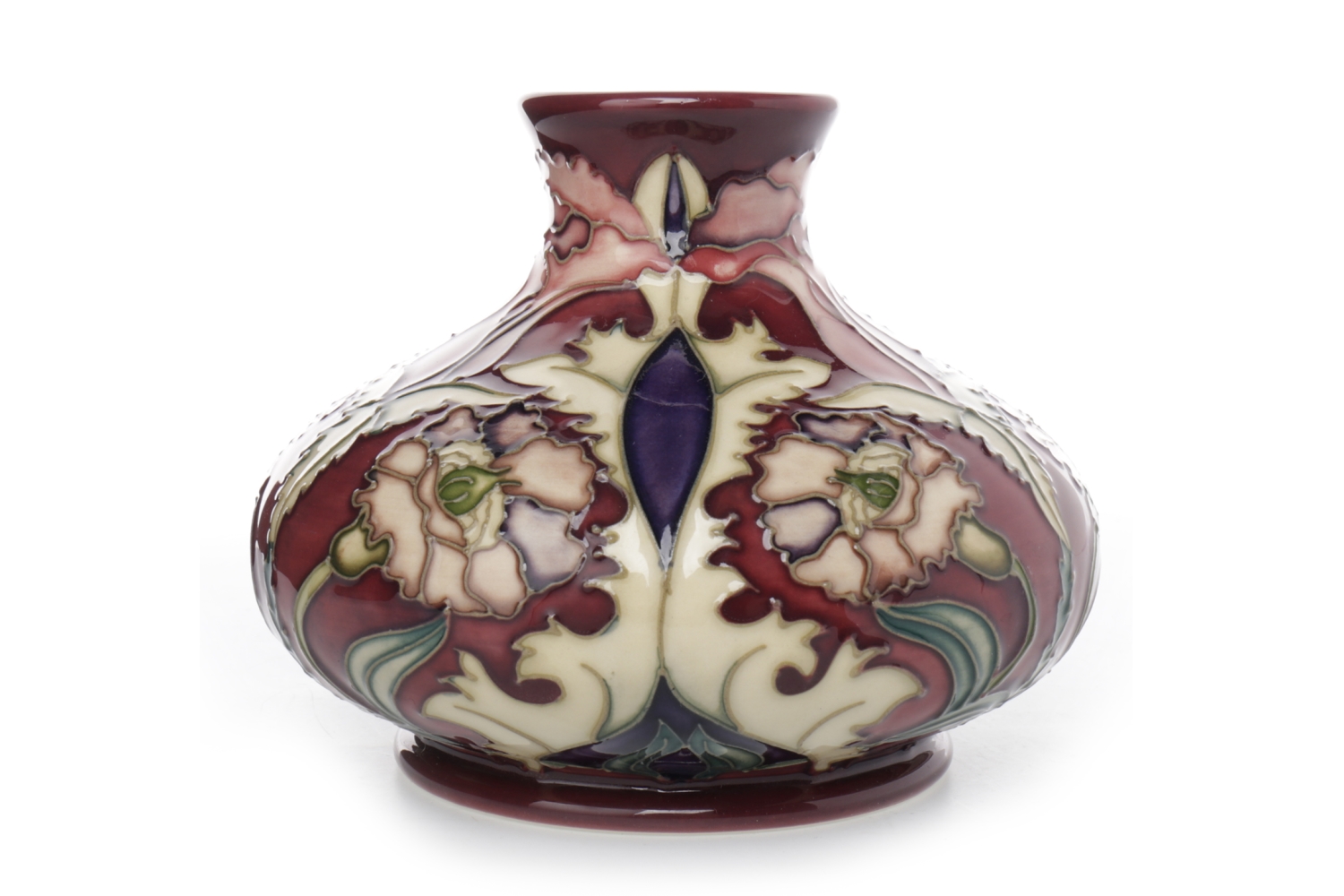 CONTEMPORARY MOORCROFT 'MASQUERADE' PATTERN VASE of squat oviform,