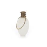 VICTORIAN FROSTED GLASS PERFUME BOTTLE of ovoid form, with hinged lid and suspension chain,