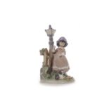 LLADRO FIGURE GROUP OF A GIRL AND A CAT BY A LAMPPOST printed and impressed marks to base,