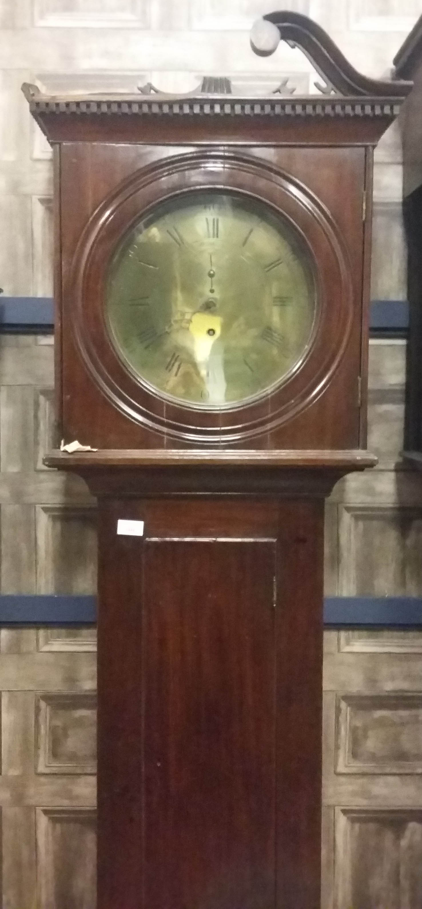 19TH CENTURY LONGCASE CLOCK the hood with broken swan neck pediment (damages) and moulded dentil