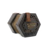 19TH CENTURY CONCERTINA black lacquered finish, forty-eight buttons, fretted ends, leather handles,