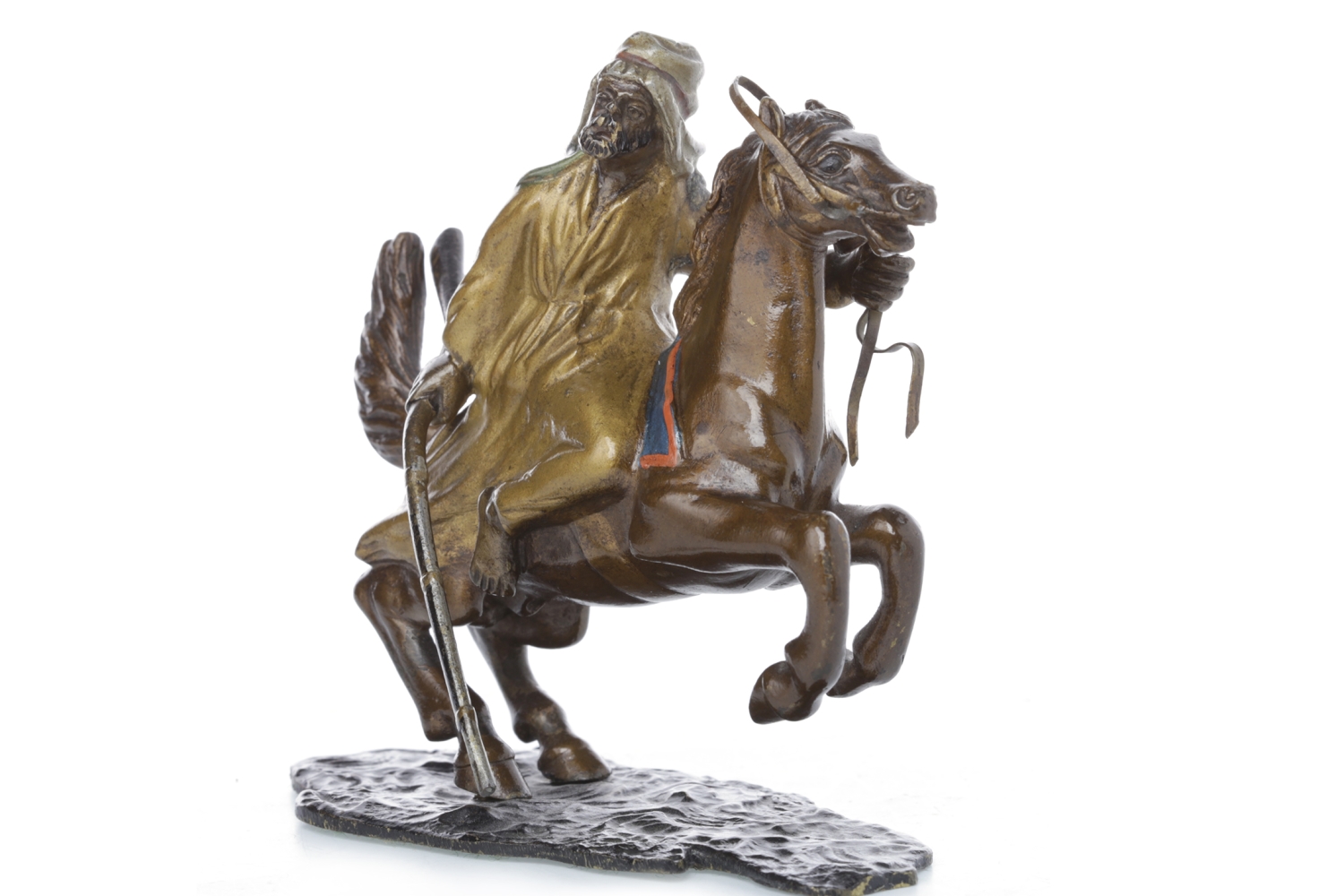 IN THE MANNER OF BERGMAN - COLD PAINTED BRONZE FIGURE OF AN ARAB ON HORSEBACK modelled with the