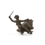 BRONZE FIGURE GROUP OF A DWARF BEATING A BOAR the male leaning back with arm raised, holding a cane,