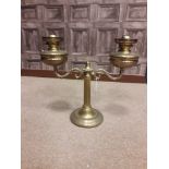 VICTORIAN BRASS DOUBLE OIL LAMP with two scrolling branches issuing from a central fluted column,