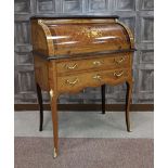 KINGWOOD AND FLORAL MARQUETRY CYLINDER TOP BUREAU of Louis XVI design,