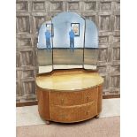 ART DECO OAK AND WALNUT BOW FRONT THREE PIECE BEDROOM SUITE each piece with enhanced wood grain,