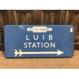 DOUBLE SIDED BRITISH RAILWAYS SIGN FOR LUIB STATION the white lettering with BR logo,