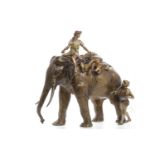 IMPRESSIVE FRANZ BERGMAN COLD PAINTED BRONZE GROUP - THE TIGER HUNT the figure astride the elephant