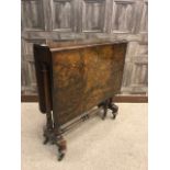 VICTORIAN FIGURED WALNUT SUTHERLAND TEA TABLE on turned twin end supports,