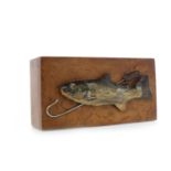 VICTORIAN BURR WALNUT TACKLE BOX mounted with a hand painted rainbow trout and fishing hook,