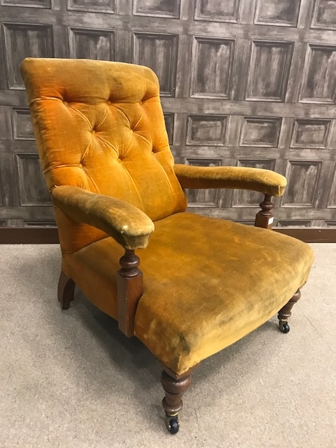 VICTORIAN WALNUT FRAMED SQUARE BACK OPEN ARM CHAIR in the manner of Howard,