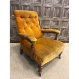 VICTORIAN WALNUT FRAMED SQUARE BACK OPEN ARM CHAIR in the manner of Howard,