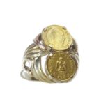 MEXICAN COIN RING with two small coins mounted in a ring, unmarked, size L, 5.