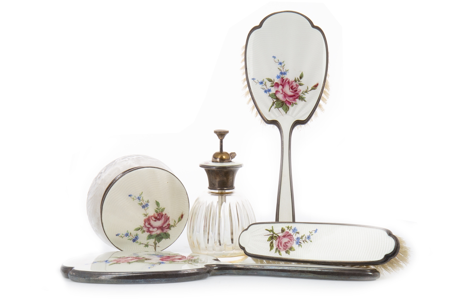 ELIZABETH II SILVER AND ENAMEL DRESSING TABLE SET maker Adie Brothers Ltd, Birmingham 1960,