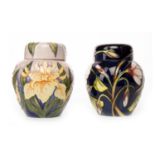 MOORCROFT 'WINDRUSH' PATTERN GINGER JAR AND COVER tube-lined with yellow irises on a graduated blue