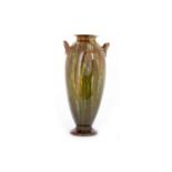 LINTHORPE POTTERY ELONGATED OVAL DOUBLE HANDLED VASE decorated with an agate ware body,