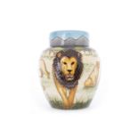 MOORCROFT 'PRIDE OF LIONS' PATTERN GINGER JAR AND COVER tube-linbed with lions in a savanna setting,