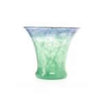 MONART BELL SHAPED VASE the green mottled body with blue neck inset aventurine,