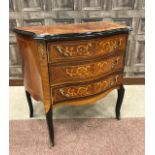 SMALL KINGWOOD SERPENTINE CHEST OF FRENCH DESIGN the crossbanded top with three floral marquetry