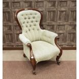 VICTORIAN MAHOGANY FRAMED BALLOON BACK ARM CHAIR the top rail inset small brass presentation