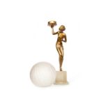 ART DECO GILT SPELTER FIGURAL TABLE LAMP modelled as a lady, on an alabaster socle, 49cm high,