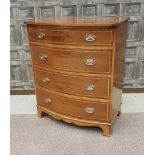 REPRODUCTION YEW-WOOD BOW FRONT CHEST with four long cockbeaded drawers, on splayed bracket feet,