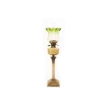 VICTORIAN OIL LAMP with green tinted glass shade, clear glass chimney,