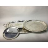 A LOT OF TWO SILVER PLATED TRAYS AND A SILVER PLATED SALVER