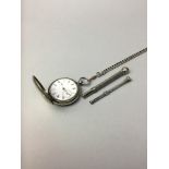 A SILVER POCKET WATCH WITH CHAIN AND THREE PROPELLING PENCILS