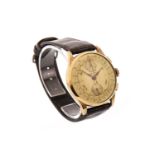 A GENTLEMAN'S GOLD CHRONOGRAPH SUISSE MANUAL WIND WRIST WATCH