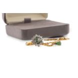 A DIAMOND AND GREEN GEM SET CLUSTER RING AND PENDANT