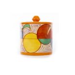 A CLARICE CLIFF FANTASQUE BIZARRE PRESERVE JAR AND COVER