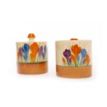 TWO CLARICE CLIFF BIZARRE PRESERVE POTS AND COVERS