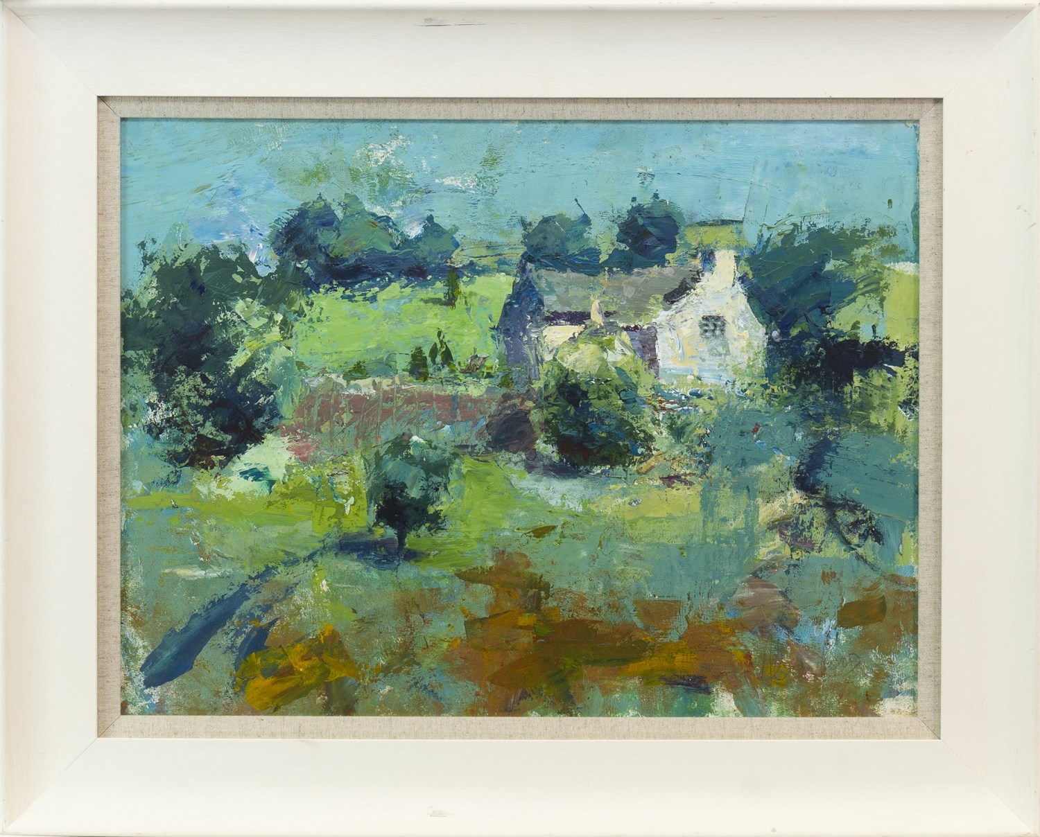 SUMMER COTTAGE, AN OIL ON BOARD BY ANDREW HOOD