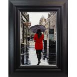 RED COAT ON GORDON STREET, AN OIL ON CANVAS BY GERARD BURNS