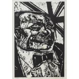 GAINES THE MANAGER, A WOODBLOCK BY PETER HOWSON