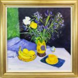 STILL LIFE AND YELLOW CUP, AN OIL ON CANVAS BY NORMAN EDGAR