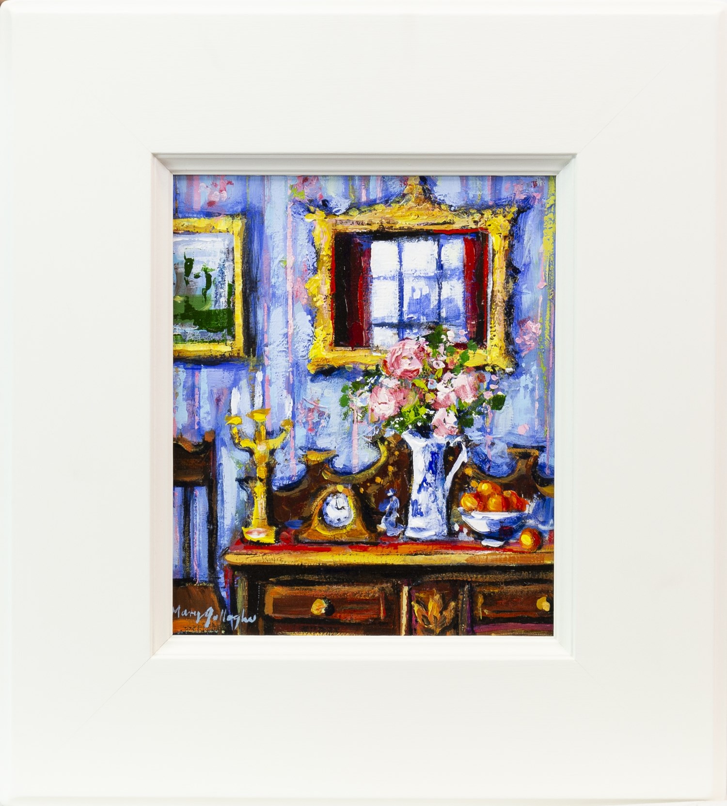 GRAND INTERIOR WITH CHINESE JUG, AN OIL ON BOARD BY MARY GALLAGHER