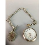 A SILVER POCKET WATCH ON SILVER ALBERT CHAIN AND SILVER FOB