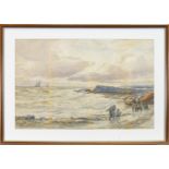 COASTAL VIEW WITH FIGURES AND BEACHED BOAT TO THE FORE, A WATERCOLOUR BY ALEXANDER BALLINGALL