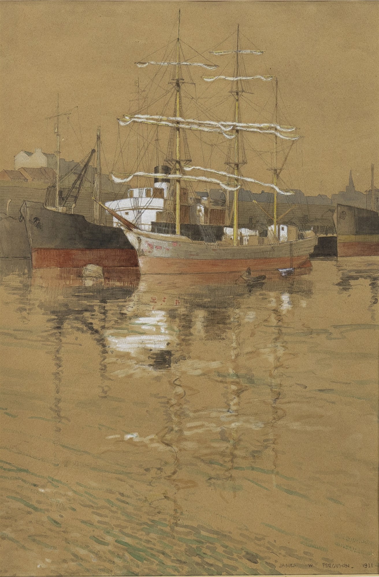 SHIPPING ON THE CLYDE, A WATERCOLOUR BY JAMES W FERGUSON