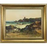 ROCKY COASTAL SCENE, AN OIL BY ALFRED ALLAN